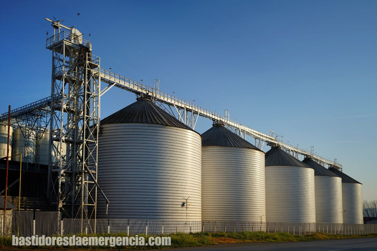 Interior de silo de grãos com superfície móvel; risco de engolfamento e gases da fermentação.